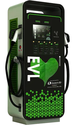 EVL DC Schnelllader 160 kW mit Touch-Display, zwei Ladekabeln und EVL-Schriftzug