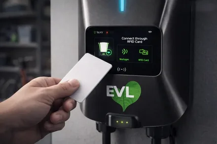 RFID-Karte wird an das Display einer EVL-Wallbox gehalten