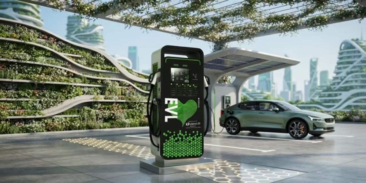 EVL-Schnellladesäule auf einem begrünten Platz in einer modernen Stadt, dahinter ein Elektroauto