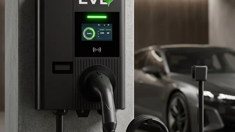 EVL-Wallbox mit Display und eingestecktem Ladekabel in einer Garage