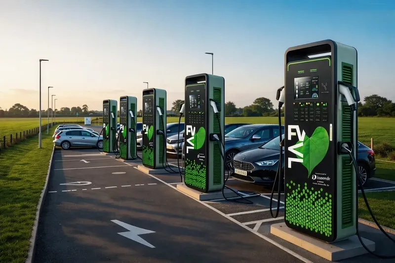 Ladepark mit mehreren EVL-Schnellladesäulen entlang eines Parkplatzes