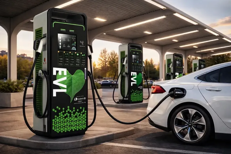 EVL-Schnellladesäulen unter einem Vordach, ein weißes Elektroauto lädt