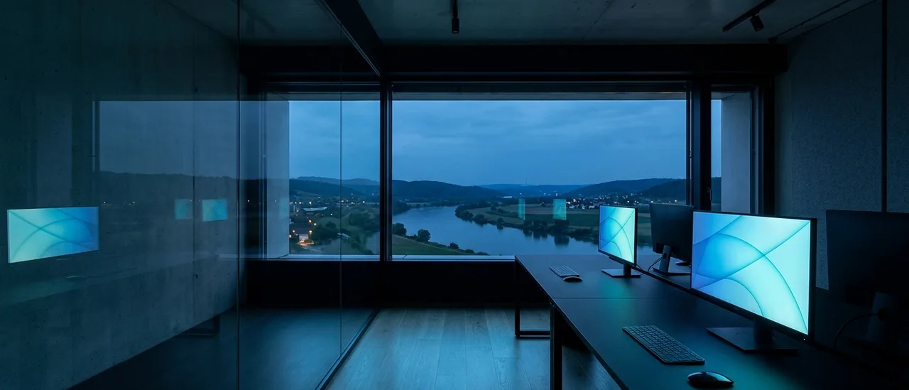 Minimalistisches Engineering-Studio zur blauen Stunde mit Blick über eine Flussebene