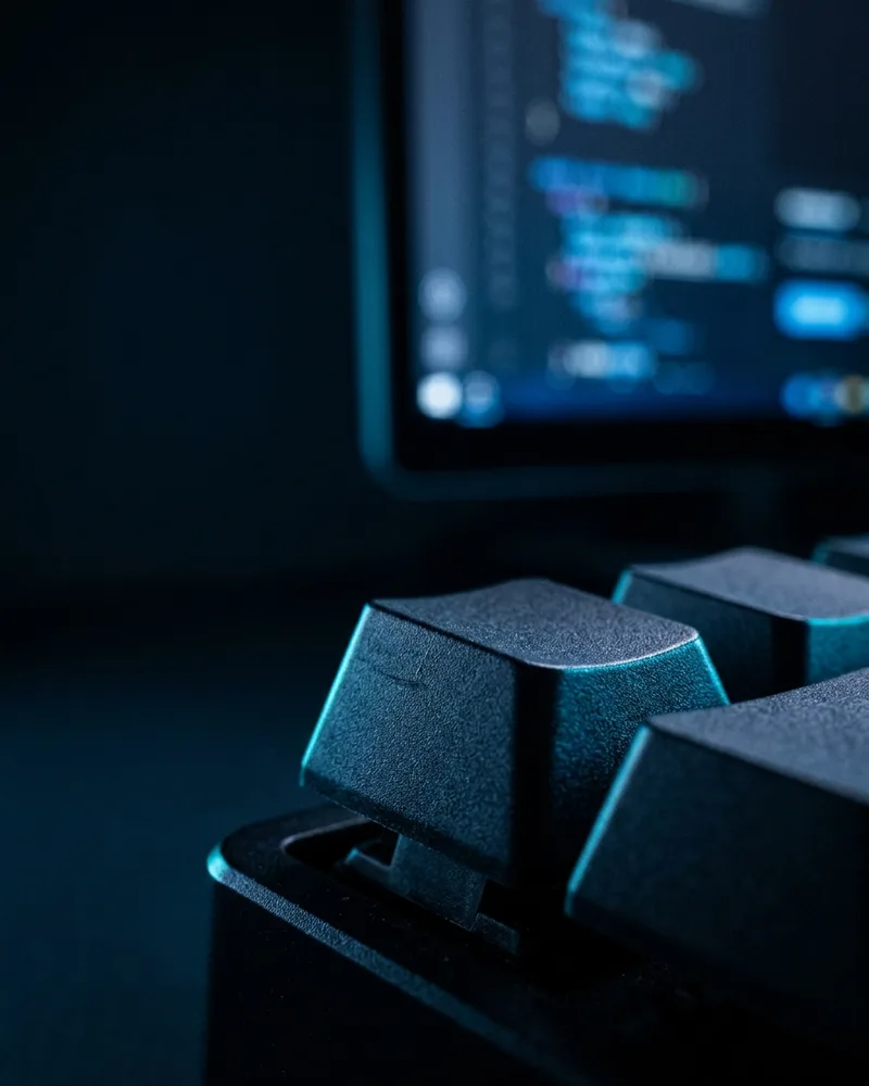 Nahaufnahme einer mechanischen Tastatur vor unscharfem blauem Code