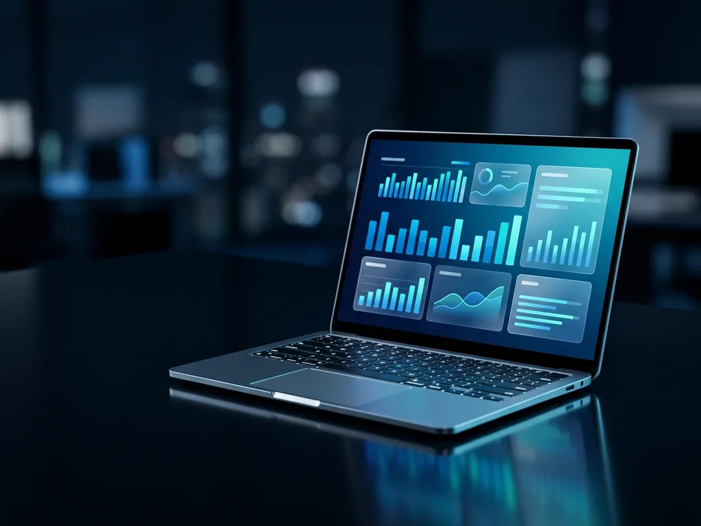 Schlanker Laptop auf dunklem Schreibtisch mit abstraktem Business-Dashboard