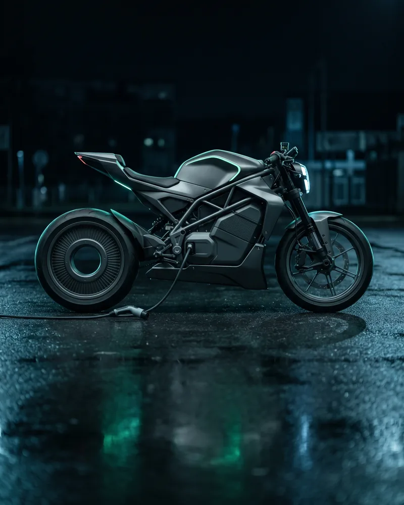 Elegantes, markenloses Elektromotorrad auf nassem Asphalt bei Nacht