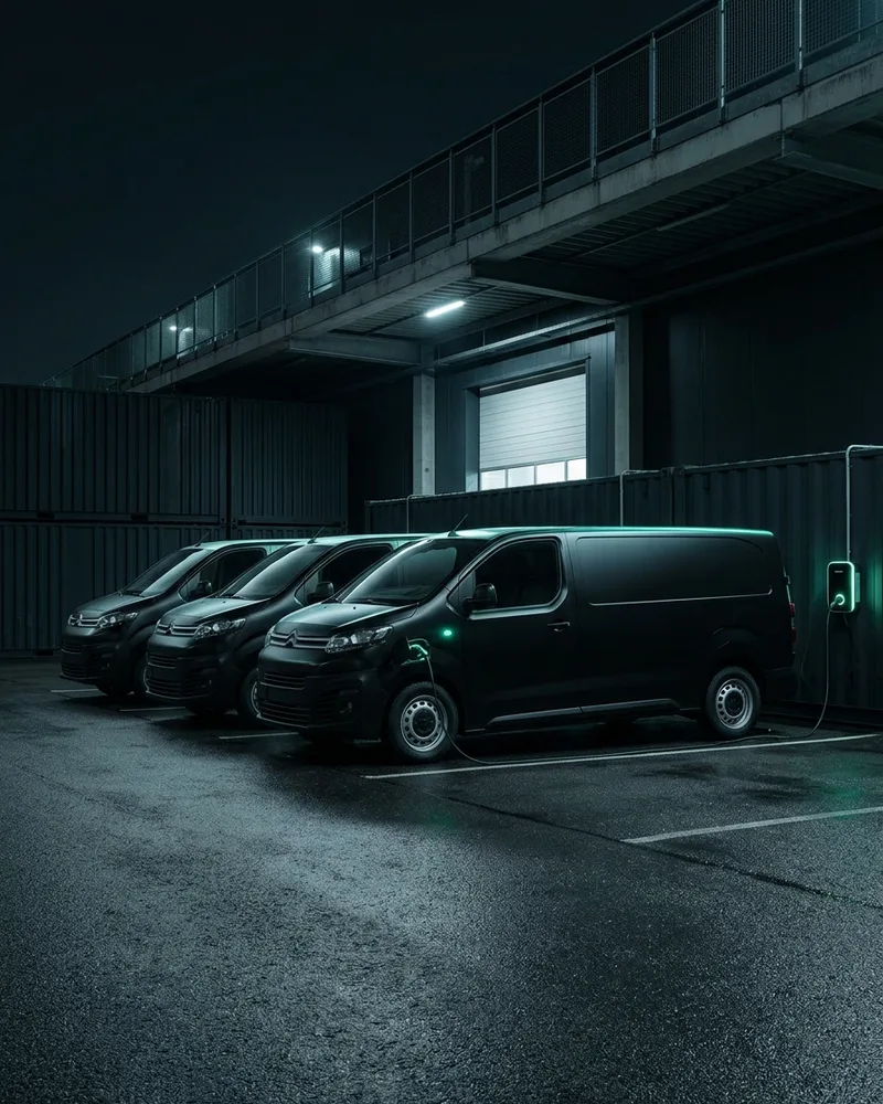 Reihe identischer Elektro-Lieferwagen bei Nacht in einem Depot