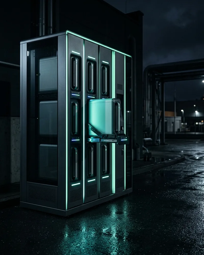 Akku-Wechselstation mit leuchtenden Batteriemodulen, ein Modul wird gerade getauscht