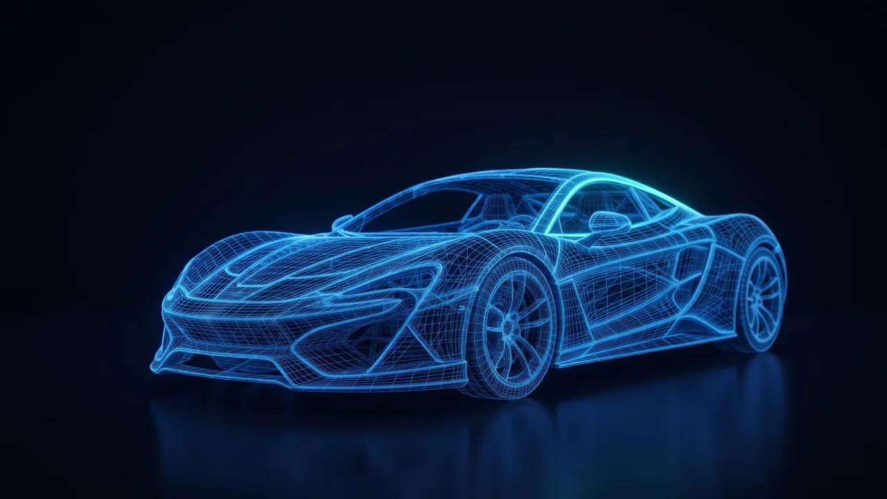 Originales Konzept-Sportwagen als leuchtendes blaues Drahtgittermodell