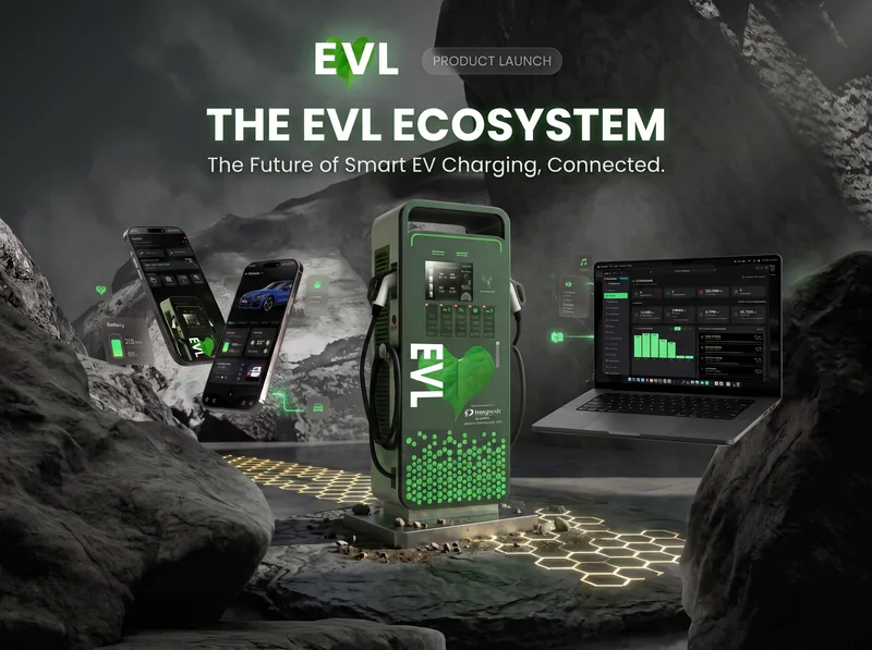 EVL-Ökosystem: grüne EVL-Schnellladesäule zwischen Felsen, daneben die EVL-App auf zwei Smartphones und die Management-Software auf einem Laptop