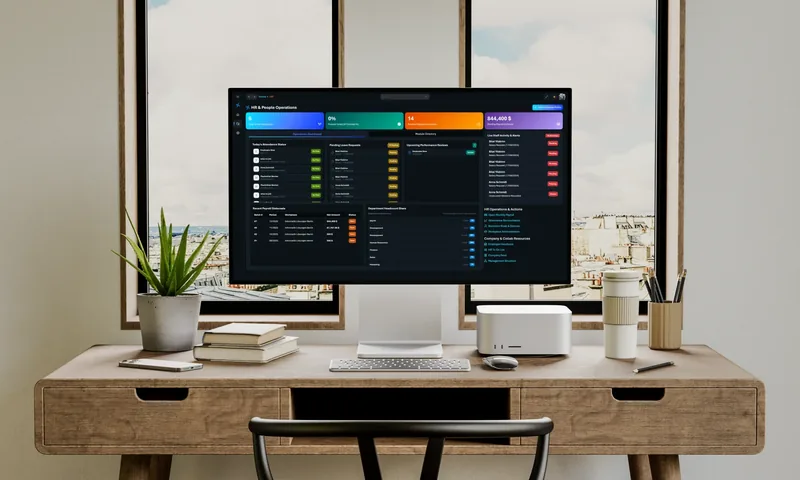 Monitor auf einem Holzschreibtisch zeigt das innovdeHR-Dashboard mit Anwesenheit, offenen Anträgen und Lohnübersicht