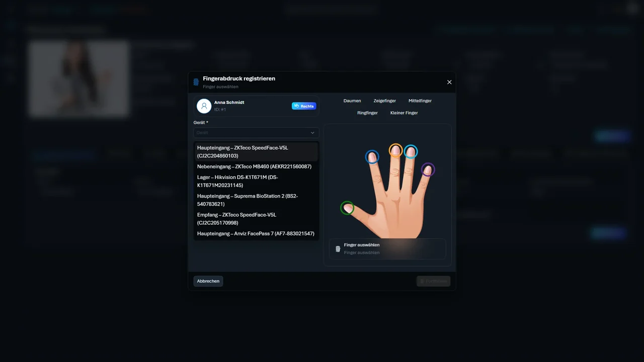 Dialog „Finger auswählen“ mit Terminal, Hand und Fingerwahl